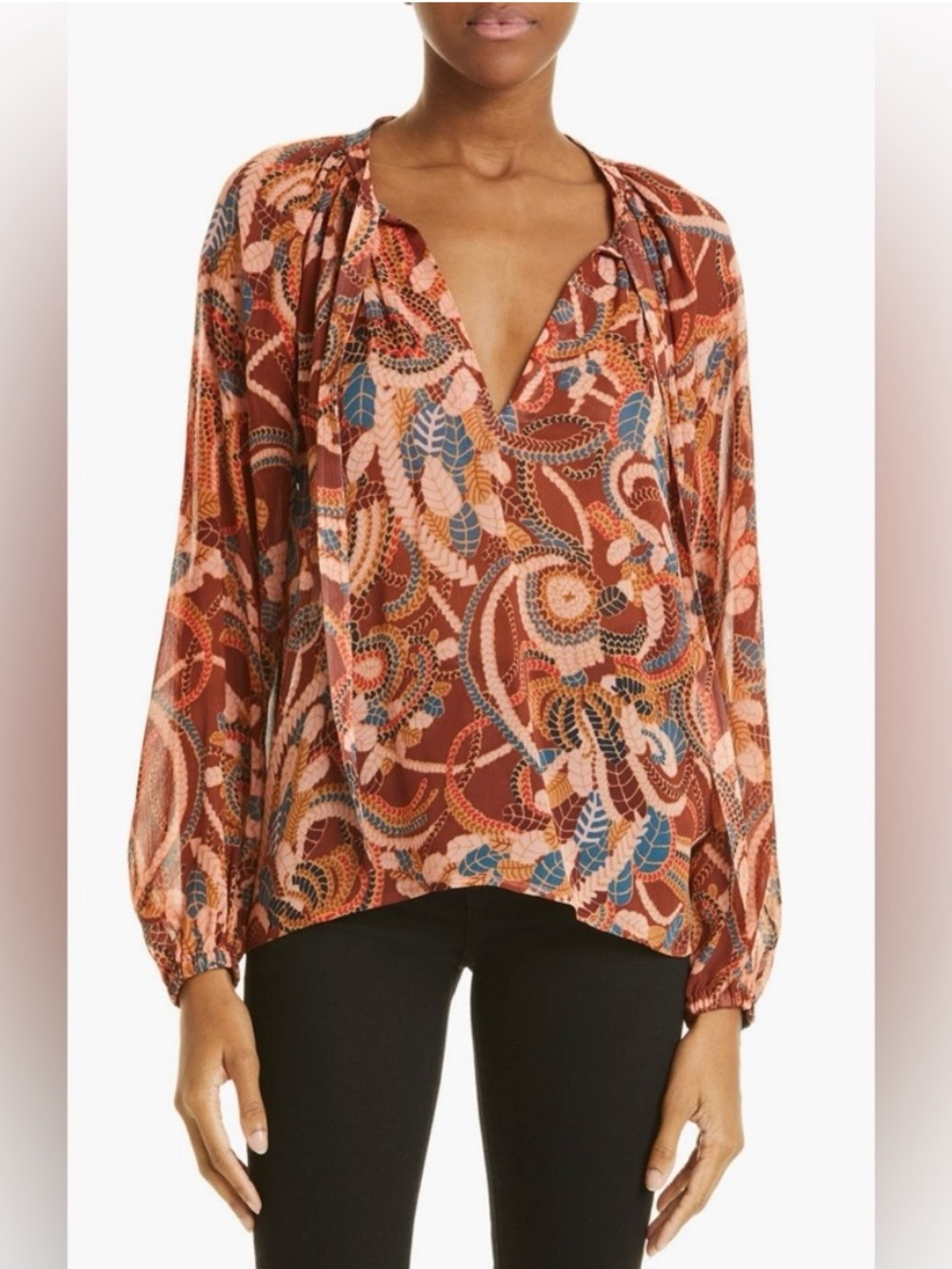 A.L.C. Delphina Silk Paisley Long Sleeve Split Tie Neck Peasant Blouse Size 6